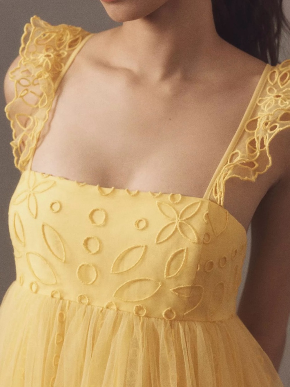Anthropologie Yellow Embroidered Tulle Sundress